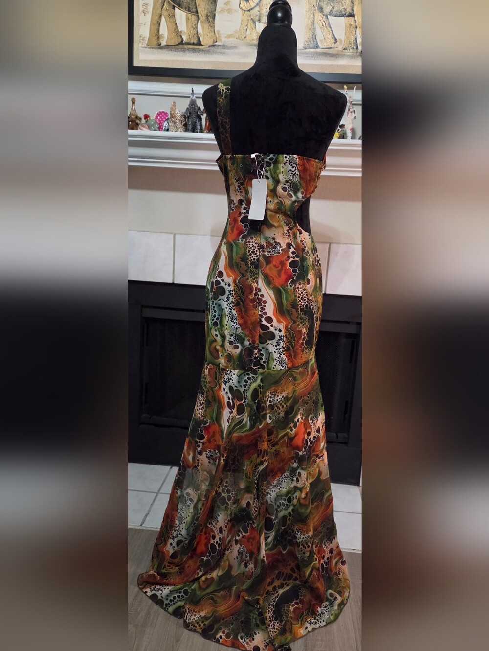 One-Shoulder Green & Orange Print Maxi Dress - Picture 4 of 5